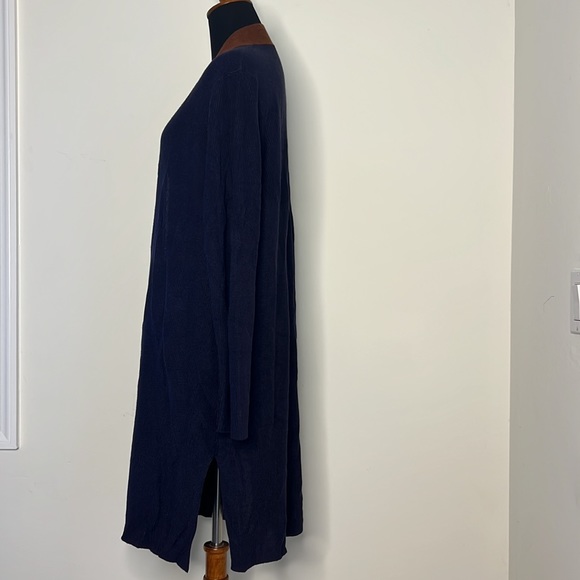 EILEEN FISHER Navy Blue Brown Trim Tencel Silk Knit Open Long Cardigan L - Picture 8 of 9